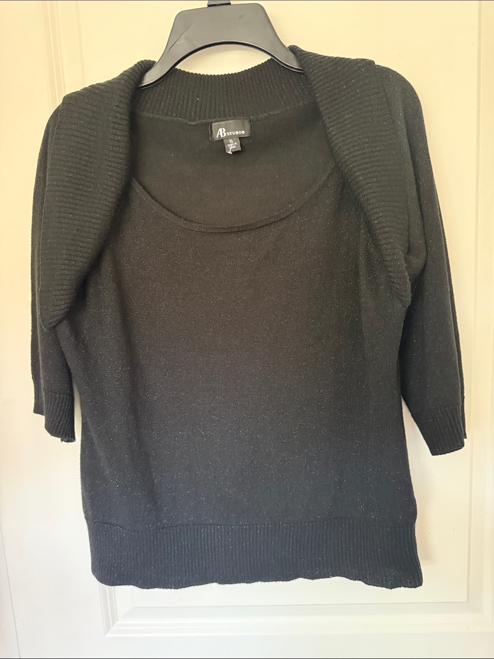 AB Studio Black Scoop Neck Ribbed Shawl Collar Sweater